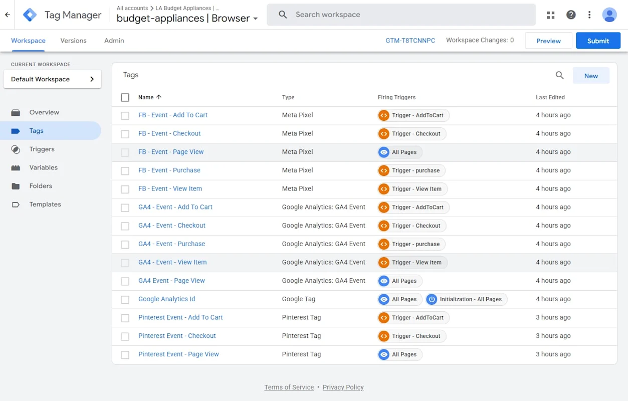 Google Tag Manager tags created