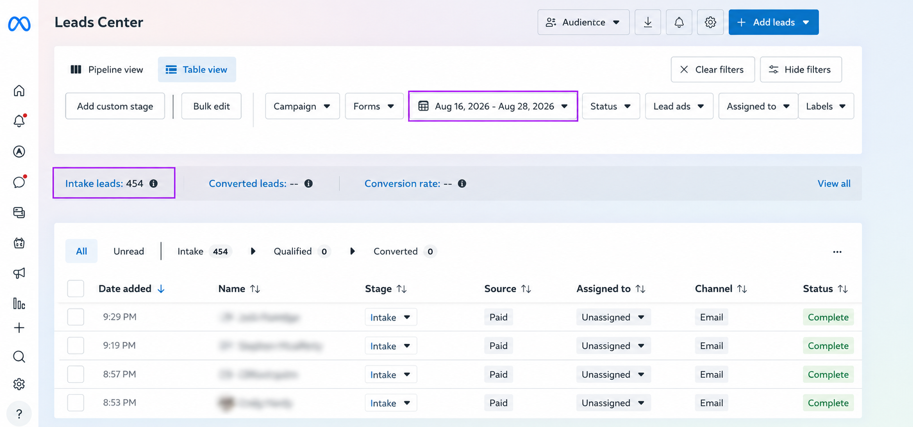 Intake leads generated through Meta Lead Ads