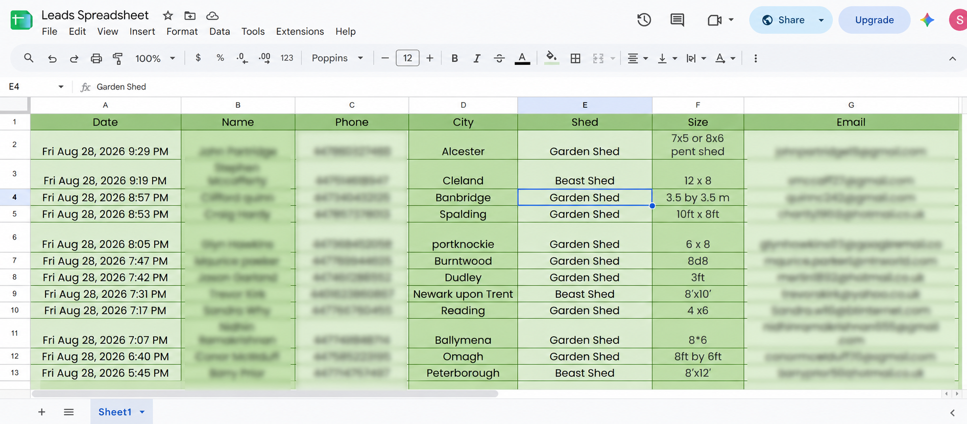 Leads put into spreadsheet